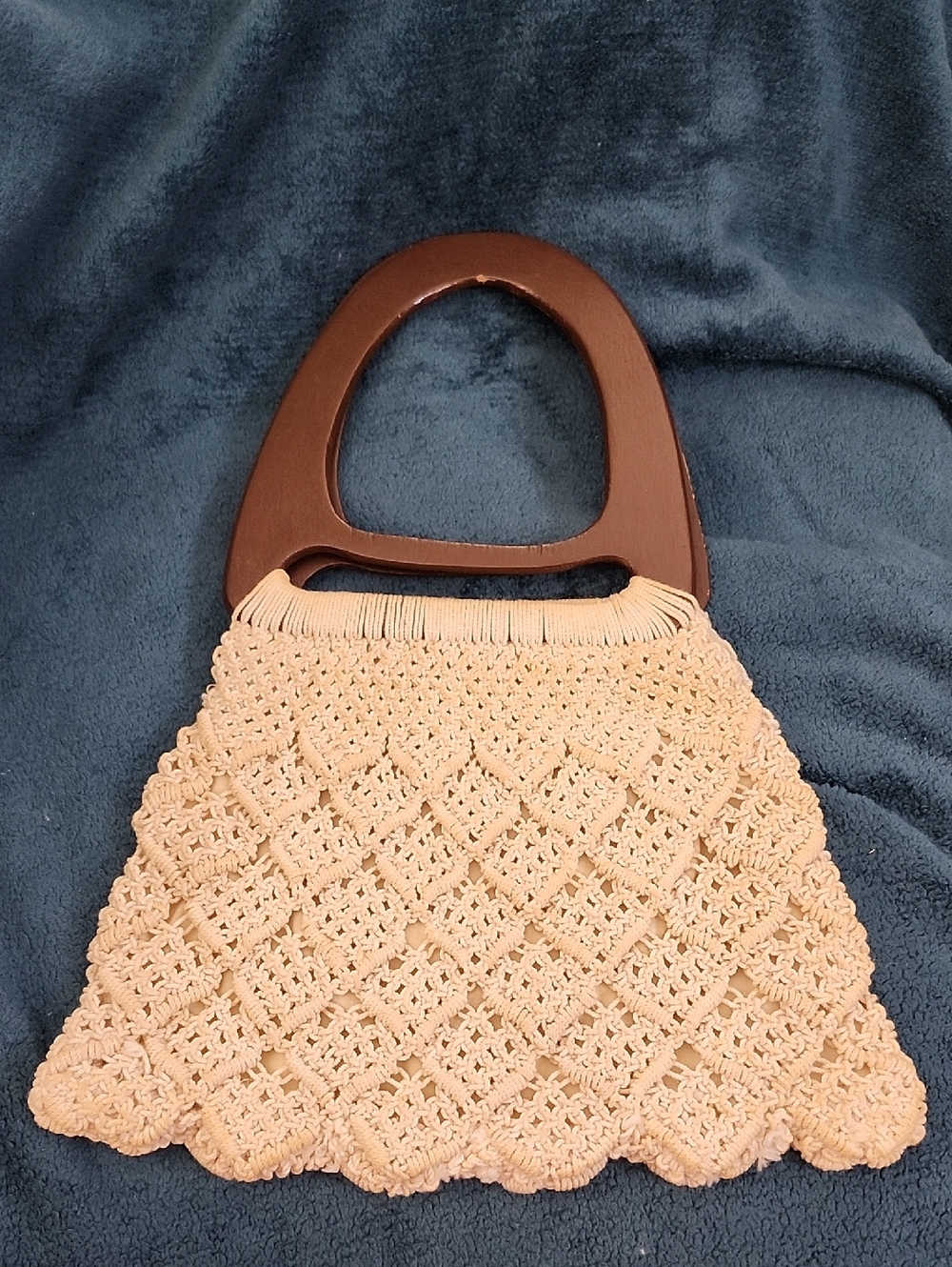 Vintage Macrame Bag With Wooden Handles 1970-1980's
